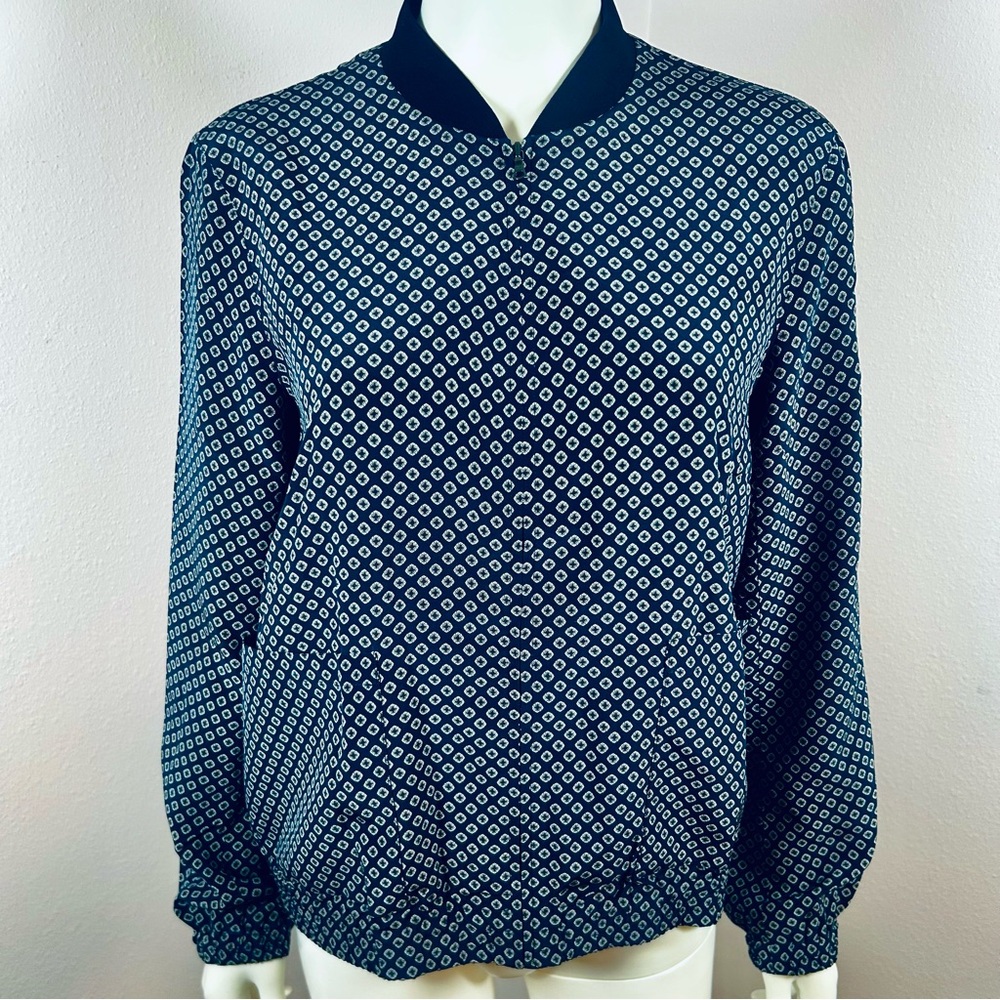 THEORY navy blue print 100% silk bomber jacket size small